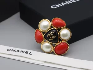 Chanel CC Red White Glass Pearly Brooch