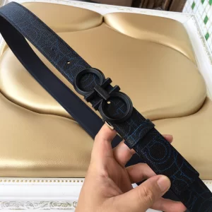 Ferragamo Gancini Buckle Leather Belt Blue 34MM 