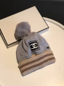 Chanel CC Knit Winter Hat Pom Blue 