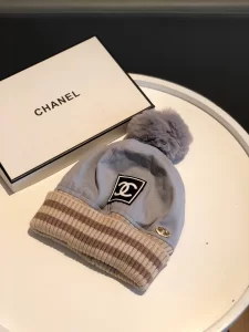 Luxury Womens Hats Chanel CC Knit Winter Hat with Pom Blue A190PP95 AA148262