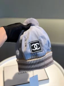 Luxury Womens Hats Chanel CC Knit Winter Hat with Pom Blue A190PP95 AA148262