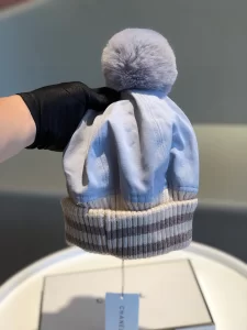 Luxury Womens Hats Chanel CC Knit Winter Hat with Pom Blue A190PP95 AA148262