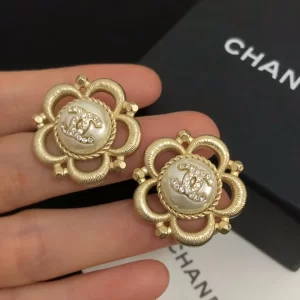 Chanel Crystal CC Gold Camellia Earrings 