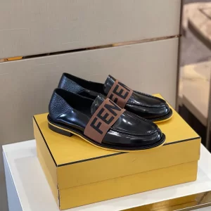 Fendi Logo Strap Leather Loafers Black 