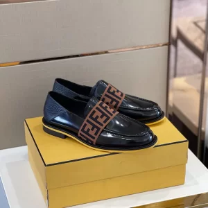 Fendi Logo Strap Leather Loafers Black 