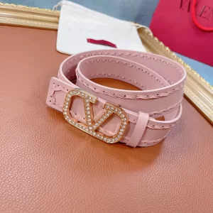 Luxury Womens Belts Valentino Crystals Vlogo Leather Belt in Pink A175PP240 AA159739