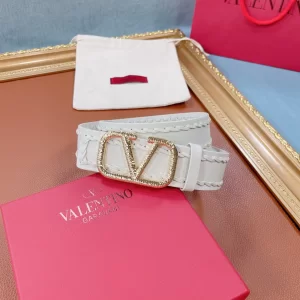 Luxury Womens Belts Valentino Crystals Vlogo Leather Belt in White A175PP240 AA159740