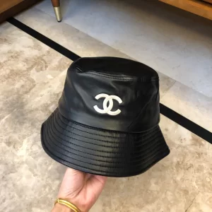 Luxury Womens Hats Chanel Black Leather Bucket Hat with CC Logo A190PP95 AA164483