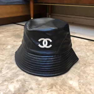 Luxury Womens Hats Chanel Black Leather Bucket Hat with CC Logo A190PP95 AA164483