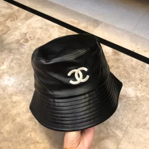 Luxury Womens Hats Chanel Black Leather Bucket Hat with CC Logo A190PP95 AA164483
