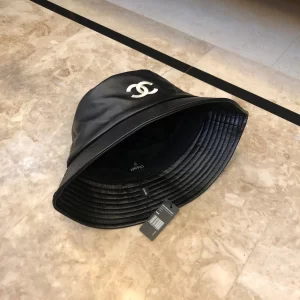 Luxury Womens Hats Chanel Black Leather Bucket Hat with CC Logo A190PP95 AA164483
