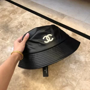 Luxury Womens Hats Chanel Black Leather Bucket Hat with CC Logo A190PP95 AA164483