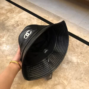 Luxury Womens Hats Chanel Black Leather Bucket Hat with CC Logo A190PP95 AA164483