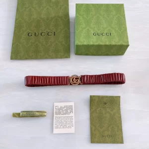 Gucci Ruched Leather GG Logo Belt Red 