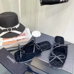 Chanel 2022 Black Velvet Bow Flat Sandal 