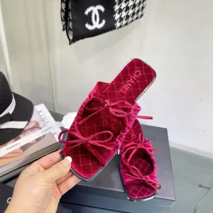 Chanel 2022 Pink Velvet Bow Flat Sandal 