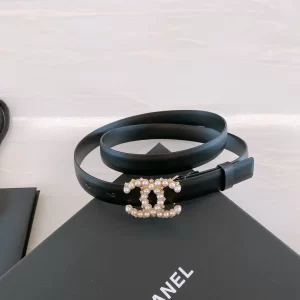 Chanel Pearls CC Logo Black Leather Belt 20MM 