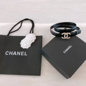 Replica Womens Belts Chanel Pearls CC Logo Black Leather Belt 20MM A175PP240 AA187089