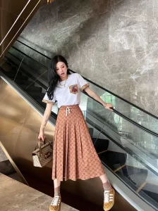 Replica Womens Clothing Gucci Mid Length Brown Pleated GG Skirt SML A228PP480 AA189703