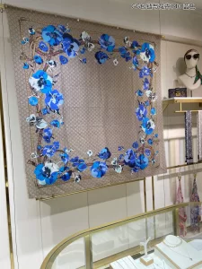 Gucci GG Floral Flowers Silk Scarf Blue 