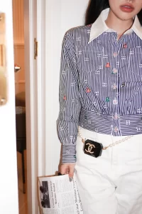 Essenceofluxury Womens Clothing Chanel Allover CC Log Shirt in Blue SML A198PP580 AA194512