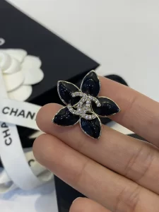 Chanel Crystals CC Logo Black Flower Brooch 