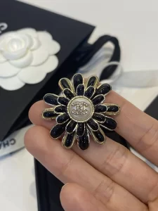 Chanel Crystals CC Logo Black Flower Brooch 