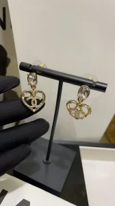 Chanel Crystals CC Logo Gold Heart Earrings 