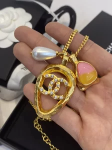 Chanel Crystals CC Logo Gold Pendant Necklaces 