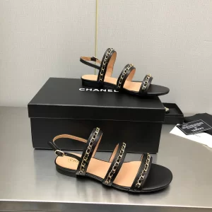 Chanel Leather Flat Sandals Black 