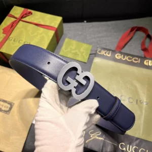 Gucci GG Buckle Wide Leather Belt Blue 40MM