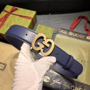 Gucci GG Buckle Wide Leather Belt Blue 40MM