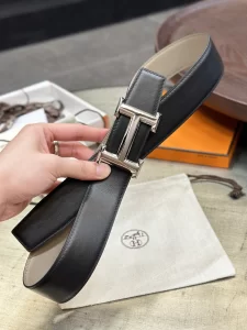 Hermes Brush Black Gray Leather Belt 38MM