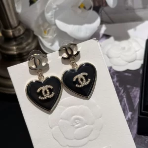 Chanel CC Logo Black Heart Earrings