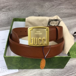 Gucci Plaque Buckle Brown Leather Belt 35MM