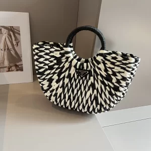 Prada Moon Straw Tote Bag Black White