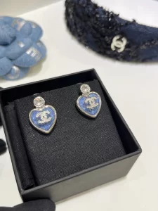 Chanel Crystal CC Heart Earrings Blue