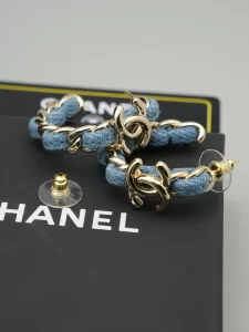 Chanel CC Denim Blue Hoop Earrings