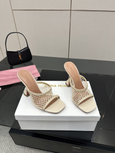 Amina Muaddi Leather Lupita Net Mules Sandals Beige 90MM Amina Muaddi Leather Lupita Net Mules Sandals Beige 90MM