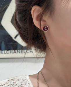 Chanel CC Red Camellia Stud Earrings