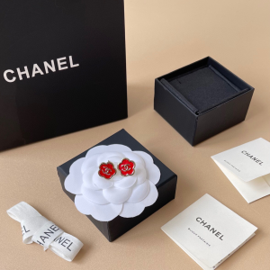 Chanel CC Red Camellia Stud Earrings