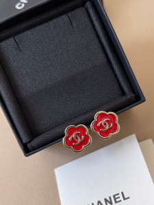 Chanel CC Red Camellia Stud Earrings