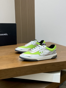Chanel CC Logo Silver Leather and Green Mesh Sneakers Chanel CC Logo Silver Leather and Green Mesh Sneakers