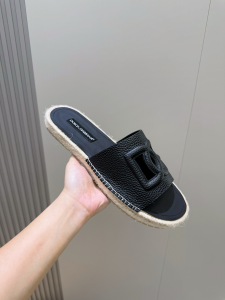 Dolce Gabbana Espadrille Com DG Logo Black Grained Leather Flat Slides Sandals Dolce Gabbana Espadrille Com DG Logo Black Grained Leather Flat Slides Sandals