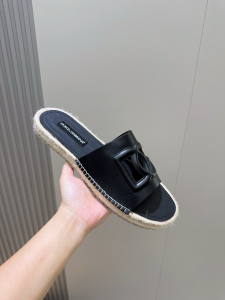 Dolce Gabbana Espadrille Com DG Logo Black Leather Flat Slides Sandals Dolce Gabbana Espadrille Com DG Logo Black Leather Flat Slides Sandals