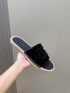 Dolce Gabbana Espadrille Com DG Logo Black Suede Leather Flat Slides Sandals Dolce Gabbana Espadrille Com DG Logo Black Suede Leather Flat Slides Sandals