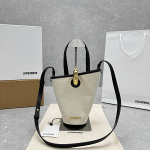 Jacquemus Le Petit Bambola Embellished Asymmetric Canvas Bucket Tote Bag Jacquemus Le Petit Bambola Embellished Asymmetric Canvas Bucket Tote Bag