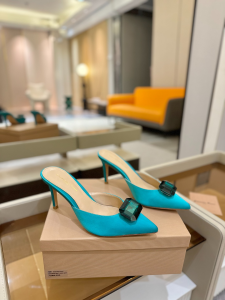 Gianvito Rossi Blue Satin Jaipur Crystal Pointed Toe High Heeled Mules 85MM Gianvito Rossi Blue Satin Jaipur Crystal Pointed Toe High Heeled Mules 85MM