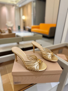 Gianvito Rossi Logo Leather Slip On Sandals Gold 85MM Gianvito Rossi Logo Leather Slip On Sandals Gold 85MM