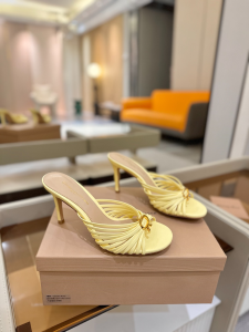 Gianvito Rossi Logo Leather Slip On Sandals Yellow 85MM Gianvito Rossi Logo Leather Slip On Sandals Yellow 85MM